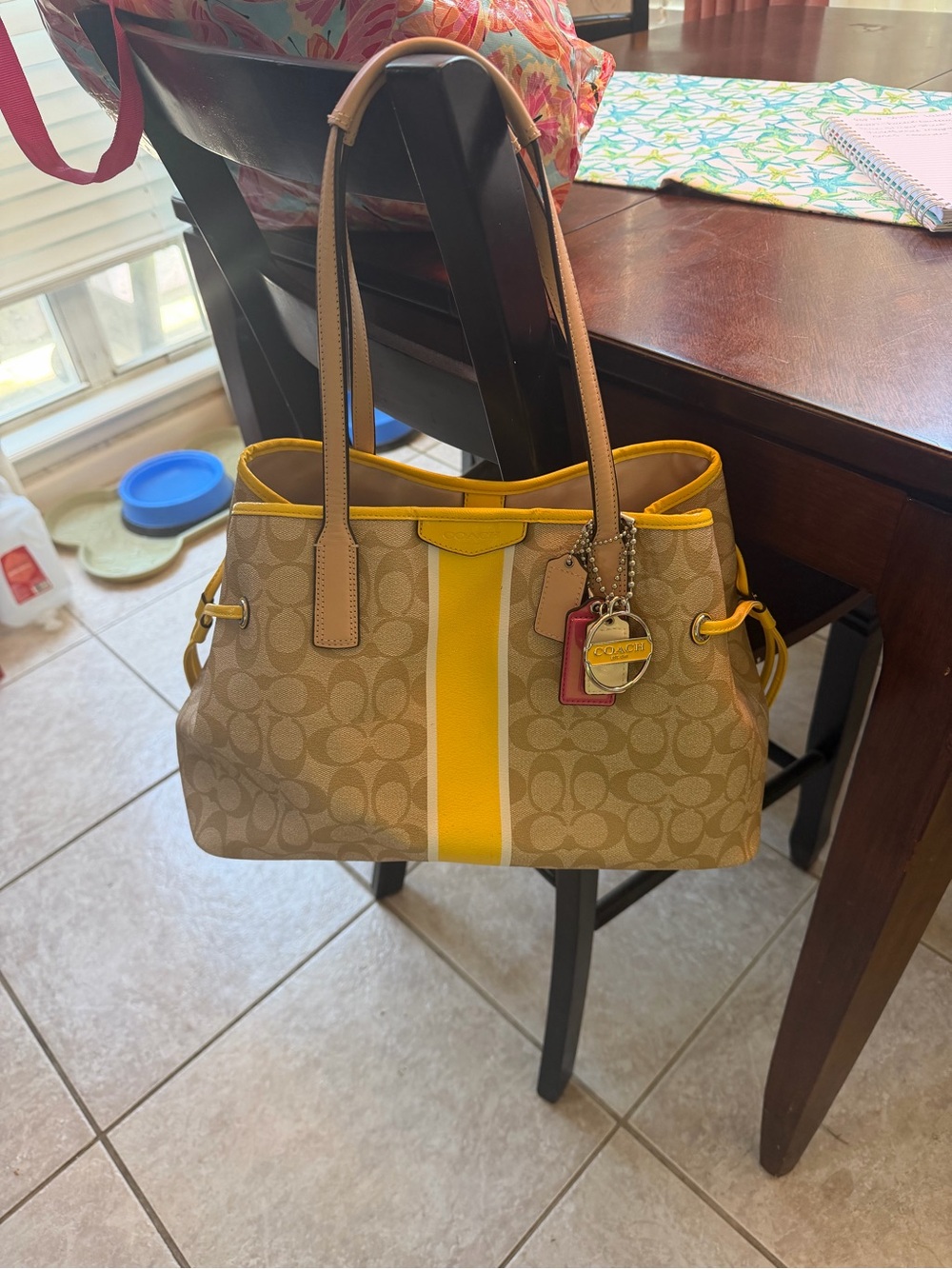 Coach Beige Signature Canvas Shoulder Bag with Yellow Stripe